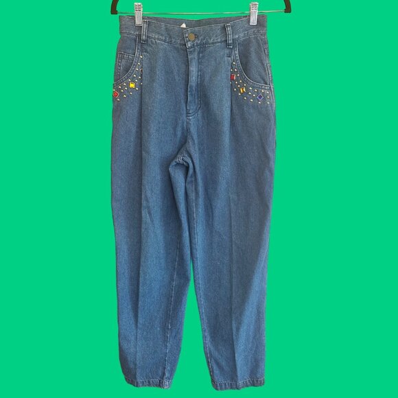 Dreams Vintage High waisted bejeweled denim blue jeans 80s studded size 8 - Picture 1 of 8
